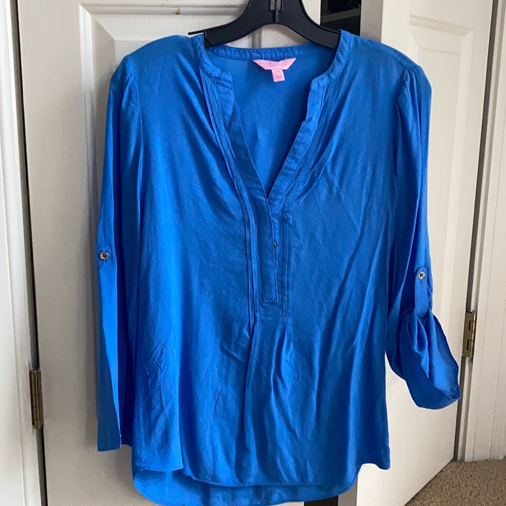 Lilly Pulitzer tab roll indigo blue V-neck blouse